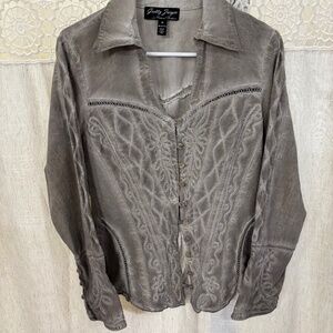 Getty Zueger embroidered long sleeved button up blouse with bell sleeves size M